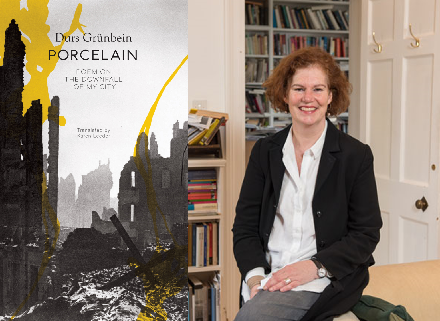 Porcelain front cover alongside Karen Leeder sitting in her office
