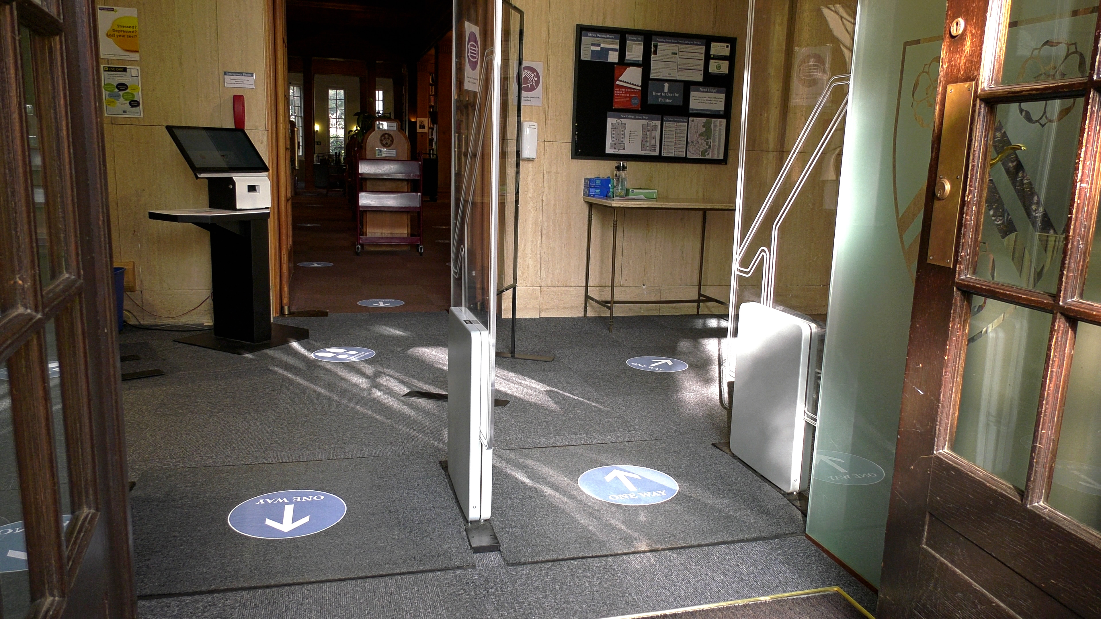 Library entrance showing one-way system