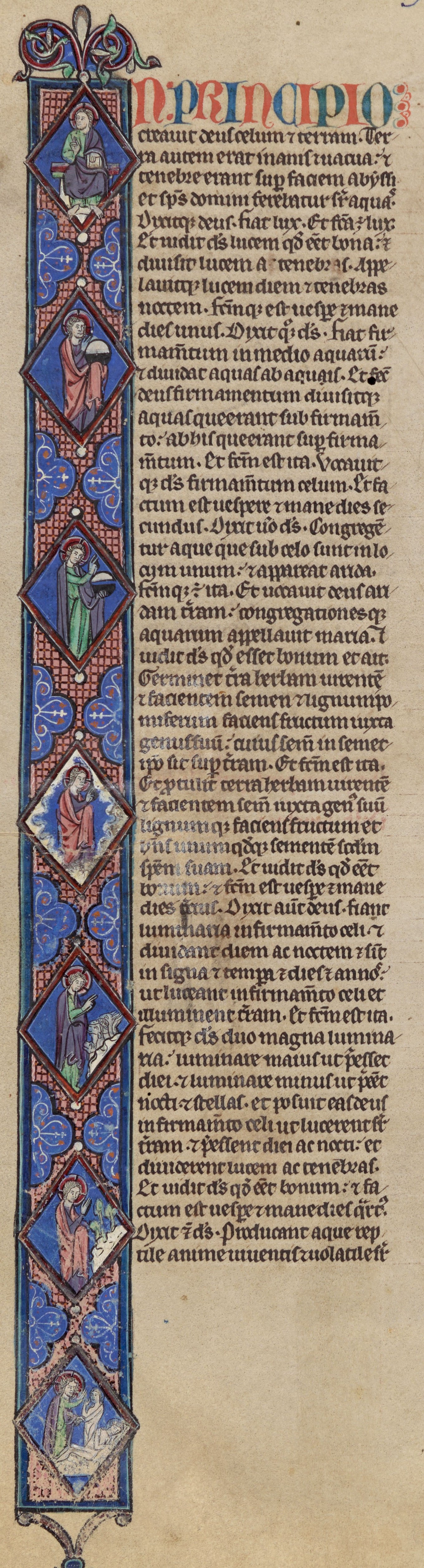 Picture of an inhabited initial I with small pictures of God bringing to life different aspects of his creation.