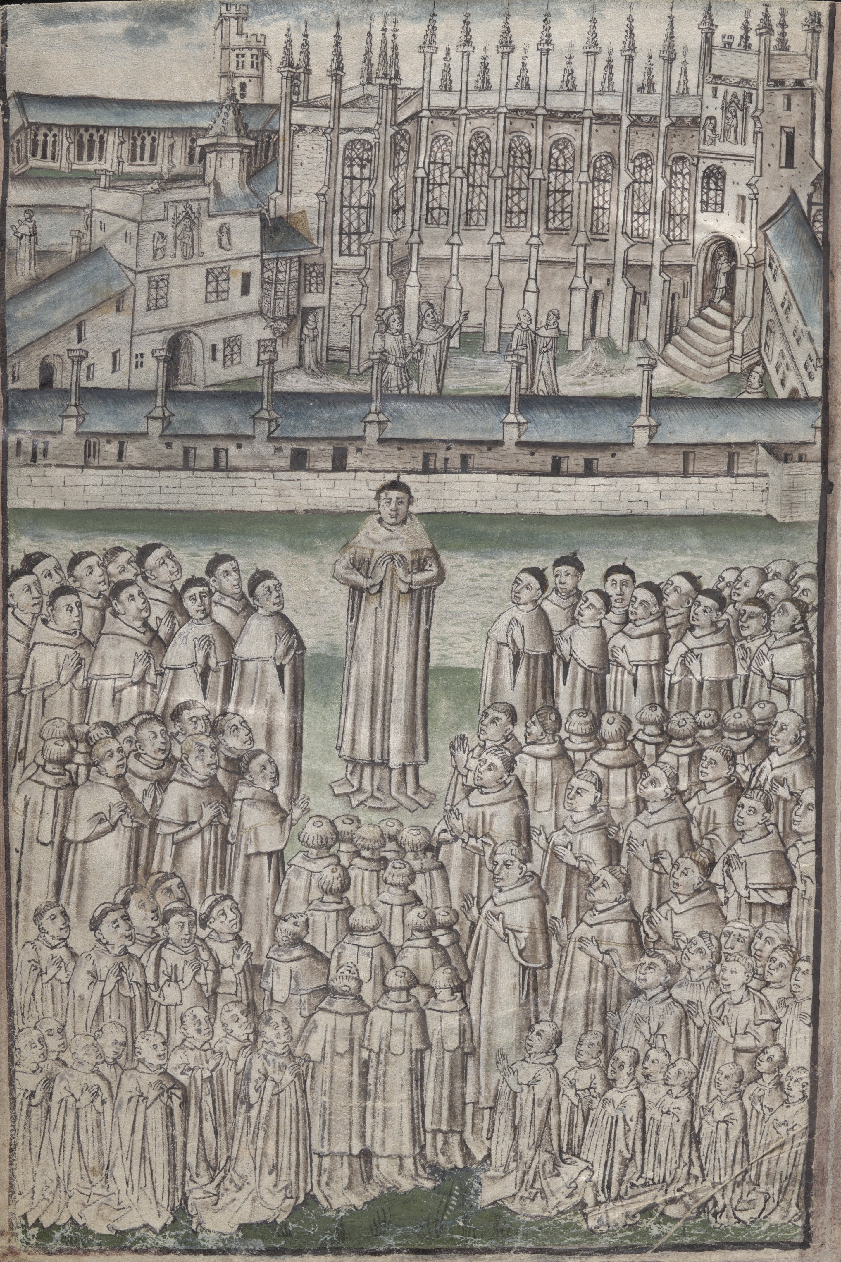 New College, Oxford, MS 244, f. 4r. An image depicting the New College front quad in the background and the warden surrounded by members of the college in the foreground.