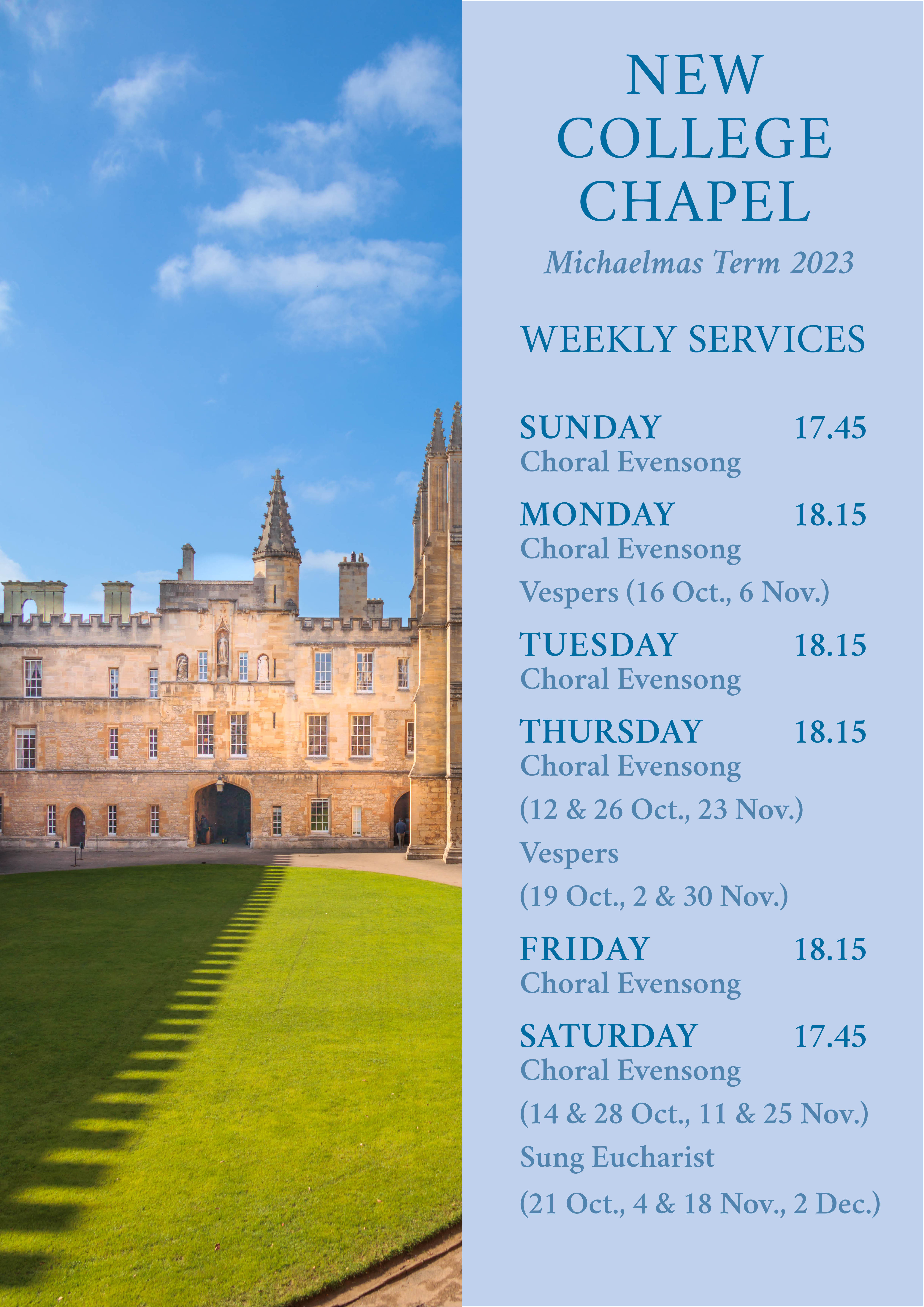 New College Chapel Weekly Services Michaelmas Term 2023