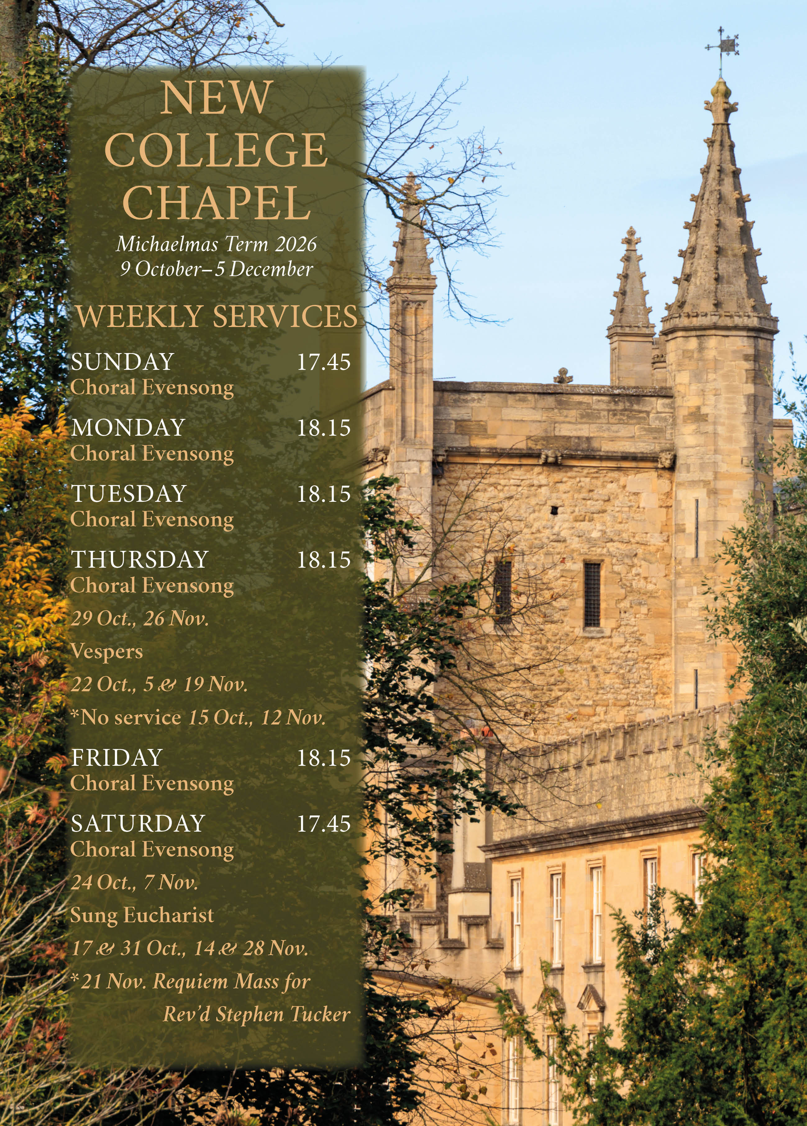 Schedule of services in New College Chapel