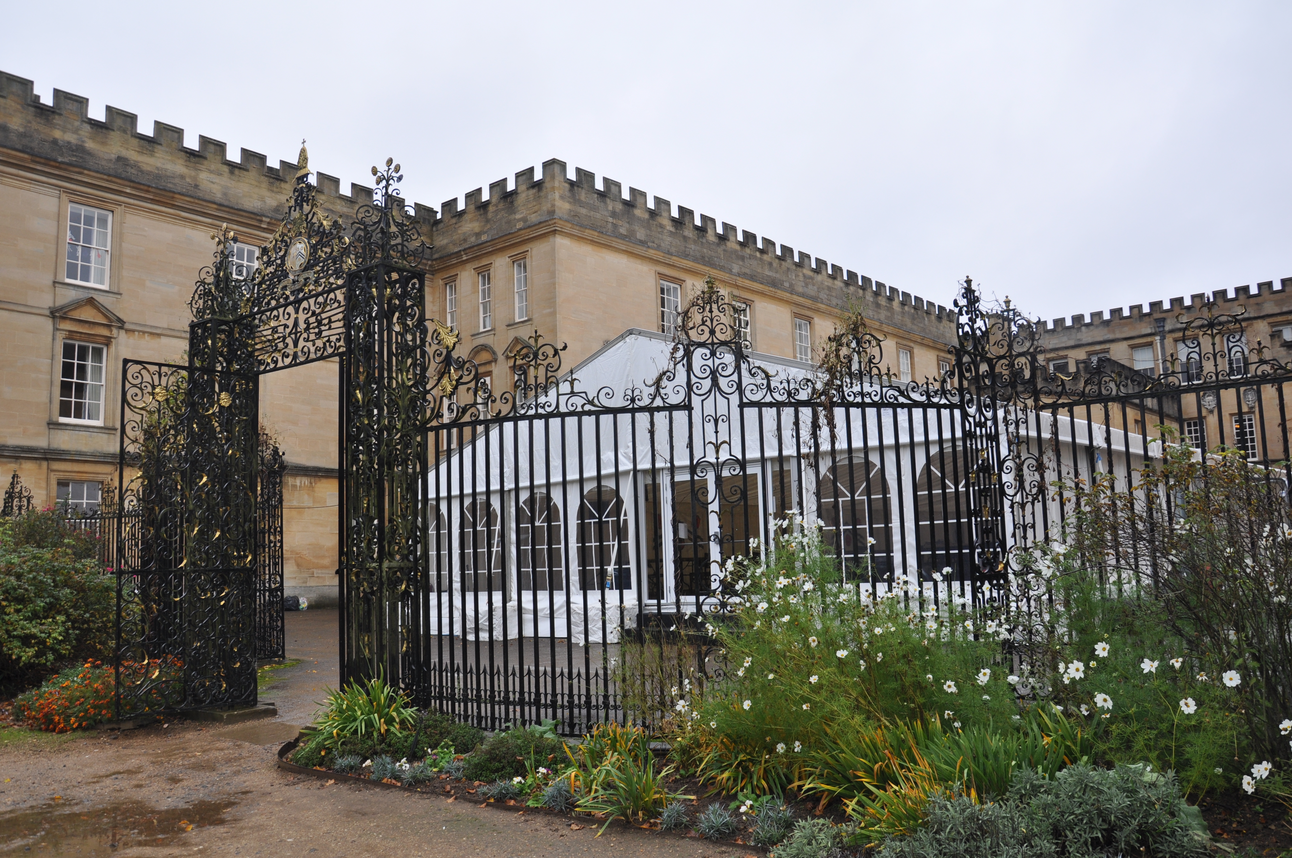 The marquee in Garden Quad, behind the iron screen