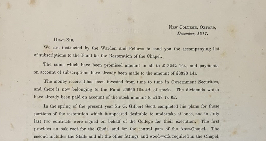 The first page of the list of subscriptions to the Chapel Restoration Fund, 1877
