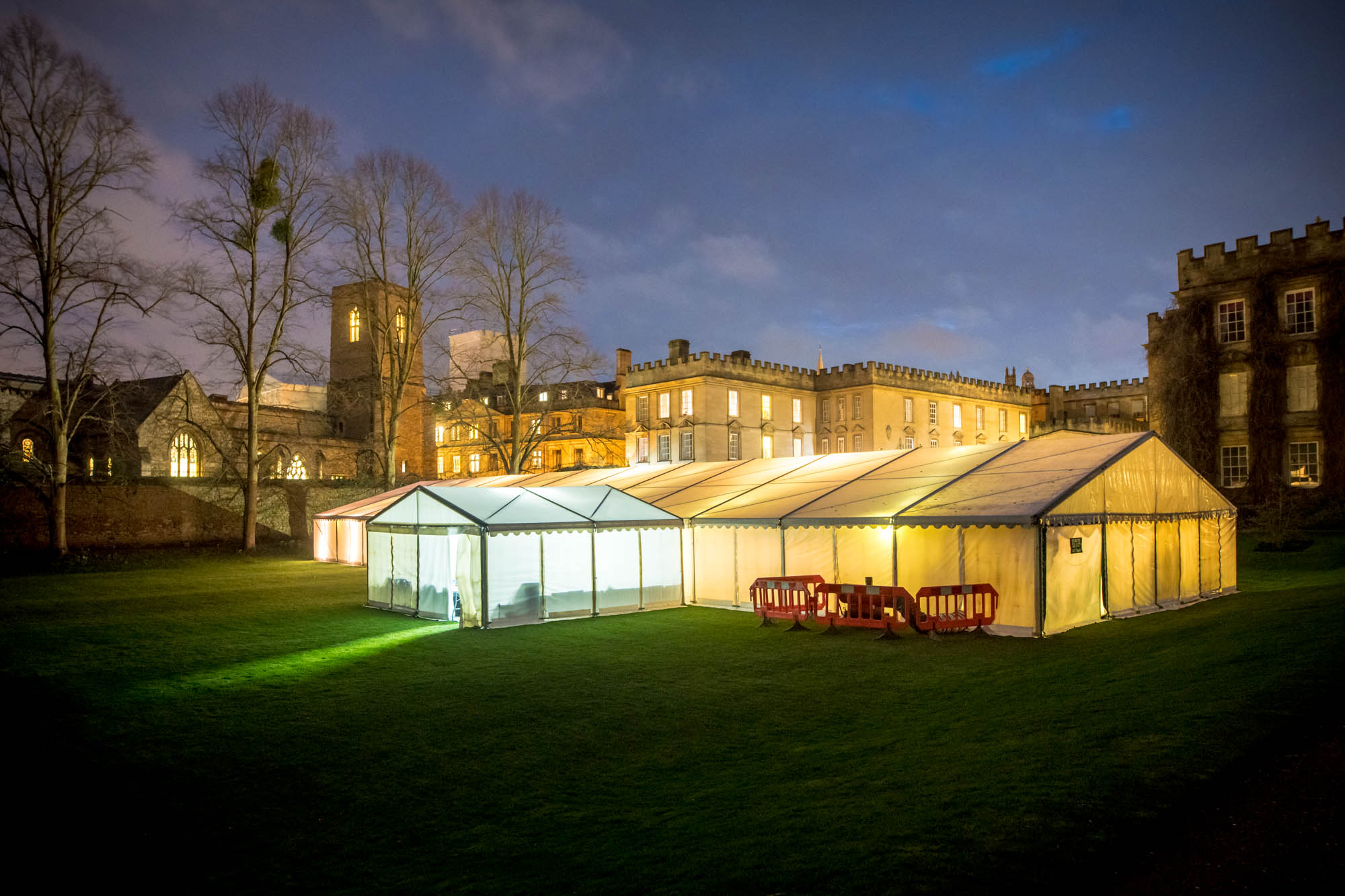 The marquee lit up in the New College gardens