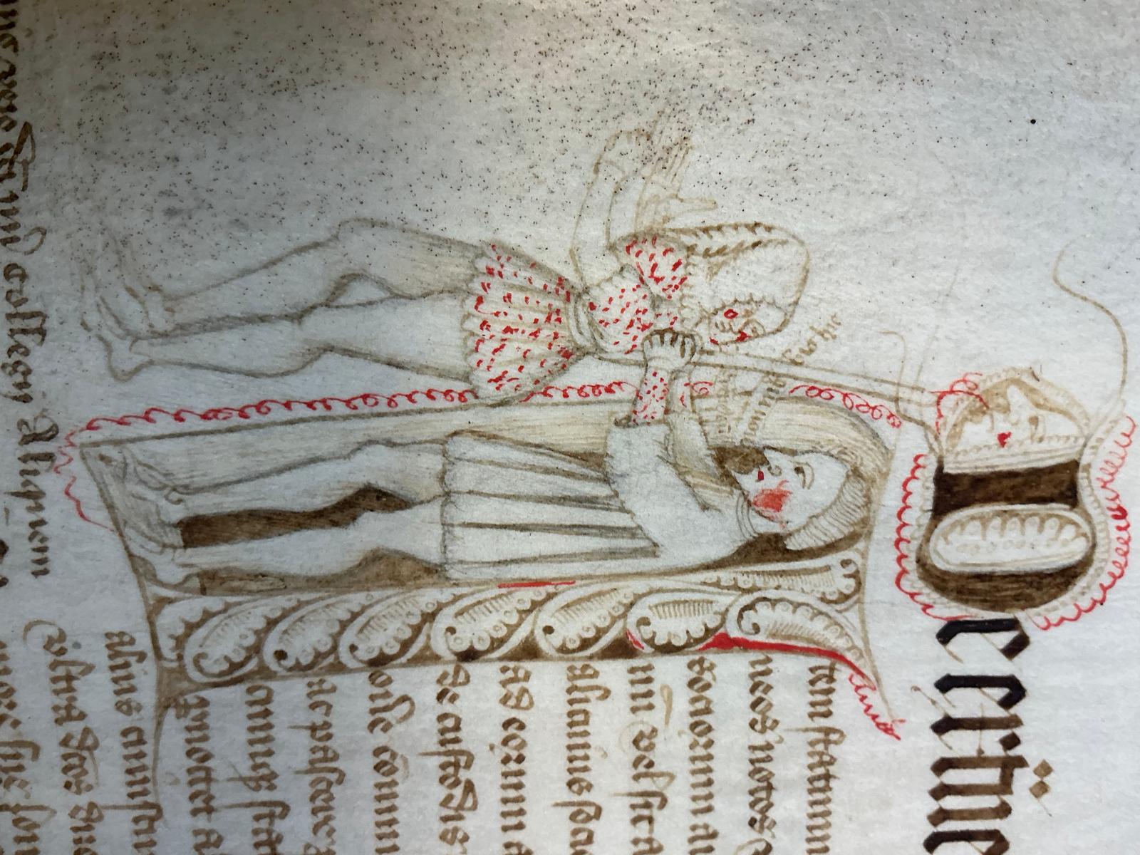 An initial “I” which is partly formed of a brown and red ink drawing of a college porter pushing another individual out of a door.