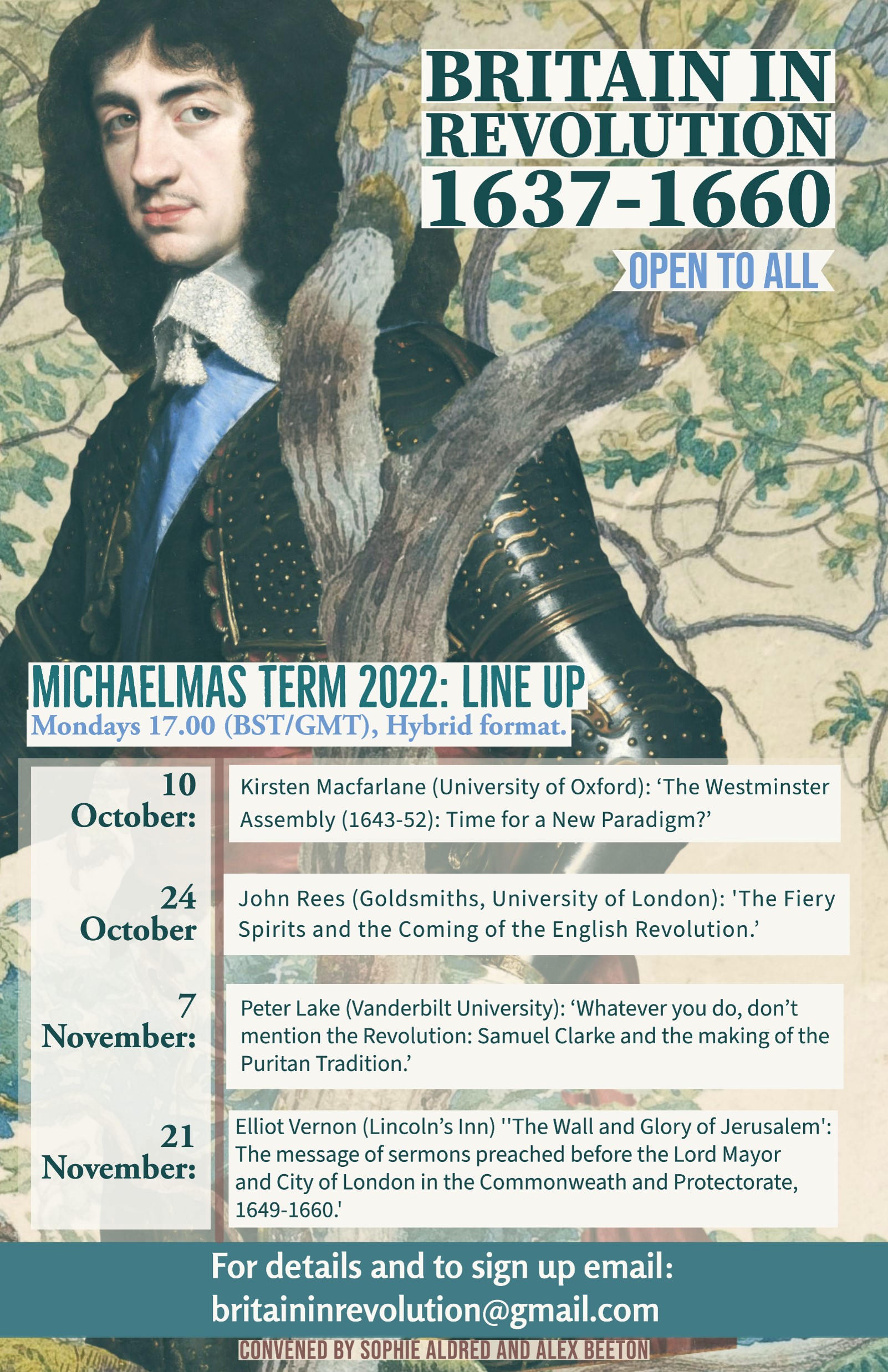 Cavalier in armour entwined with a tree. 4 events listed below, on 10th, 24th October, 7th, 21st November