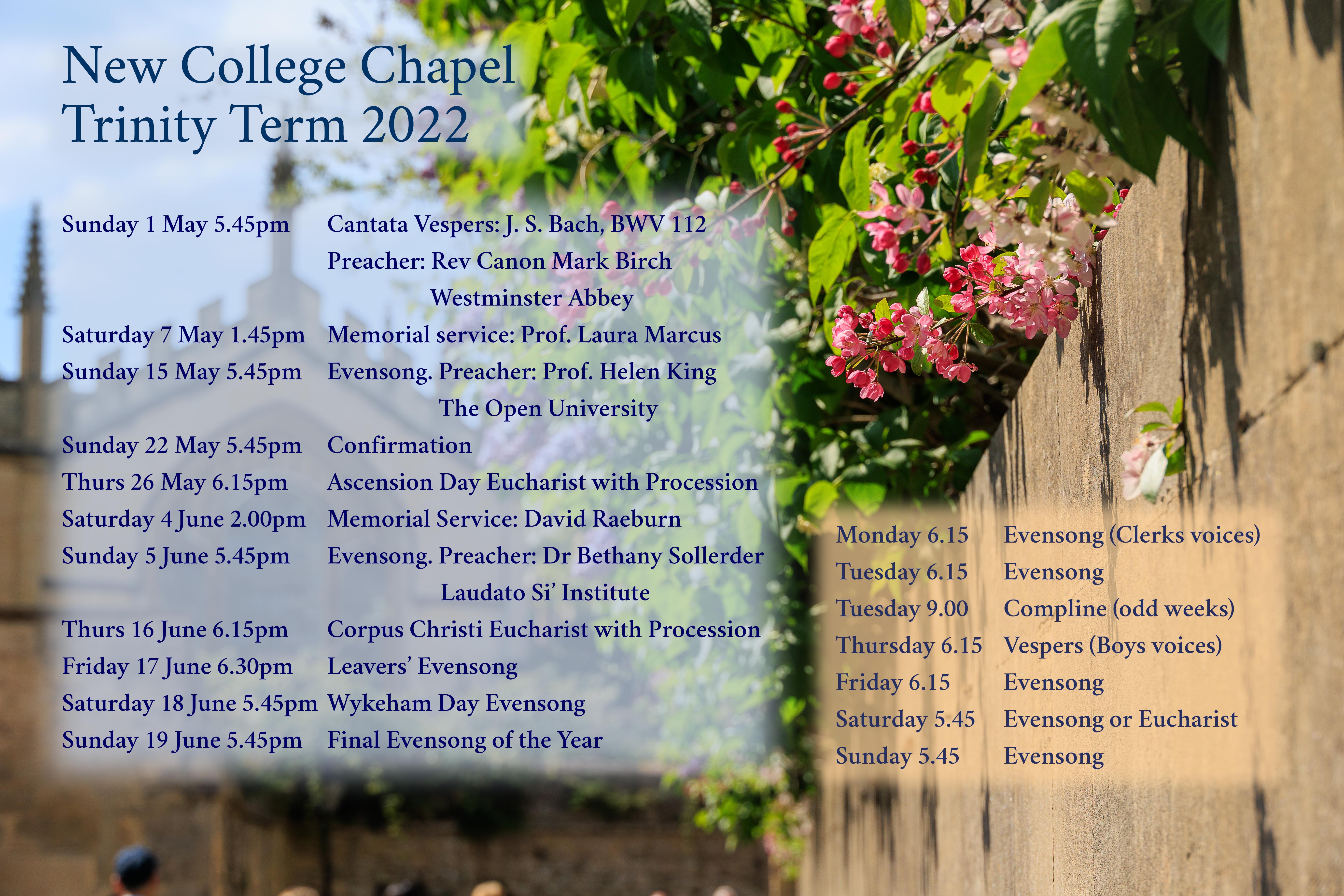 Poster of New College Chapel Services Trinity Term 2022