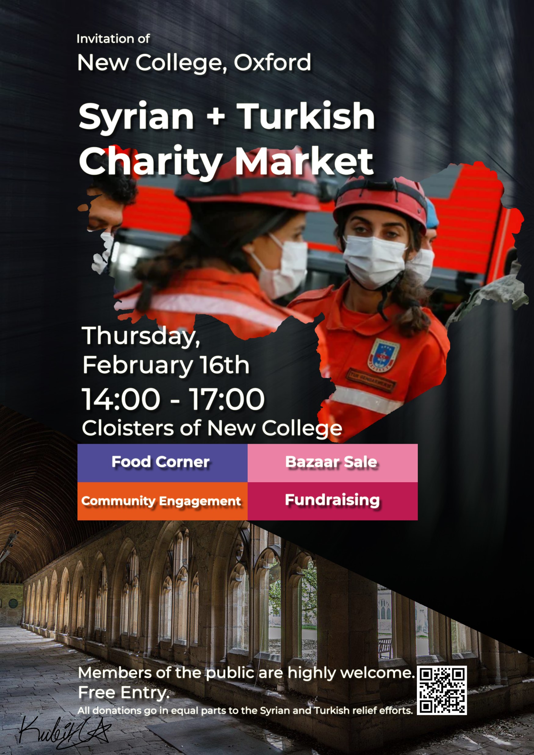 Relief workers in protective gear, with event details overlaid