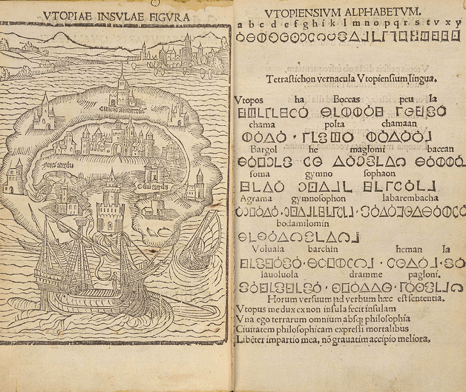 A map of Utopia and the Utopian alphabet. New College Library, Oxford, BT1.130.9(1), title-page verso