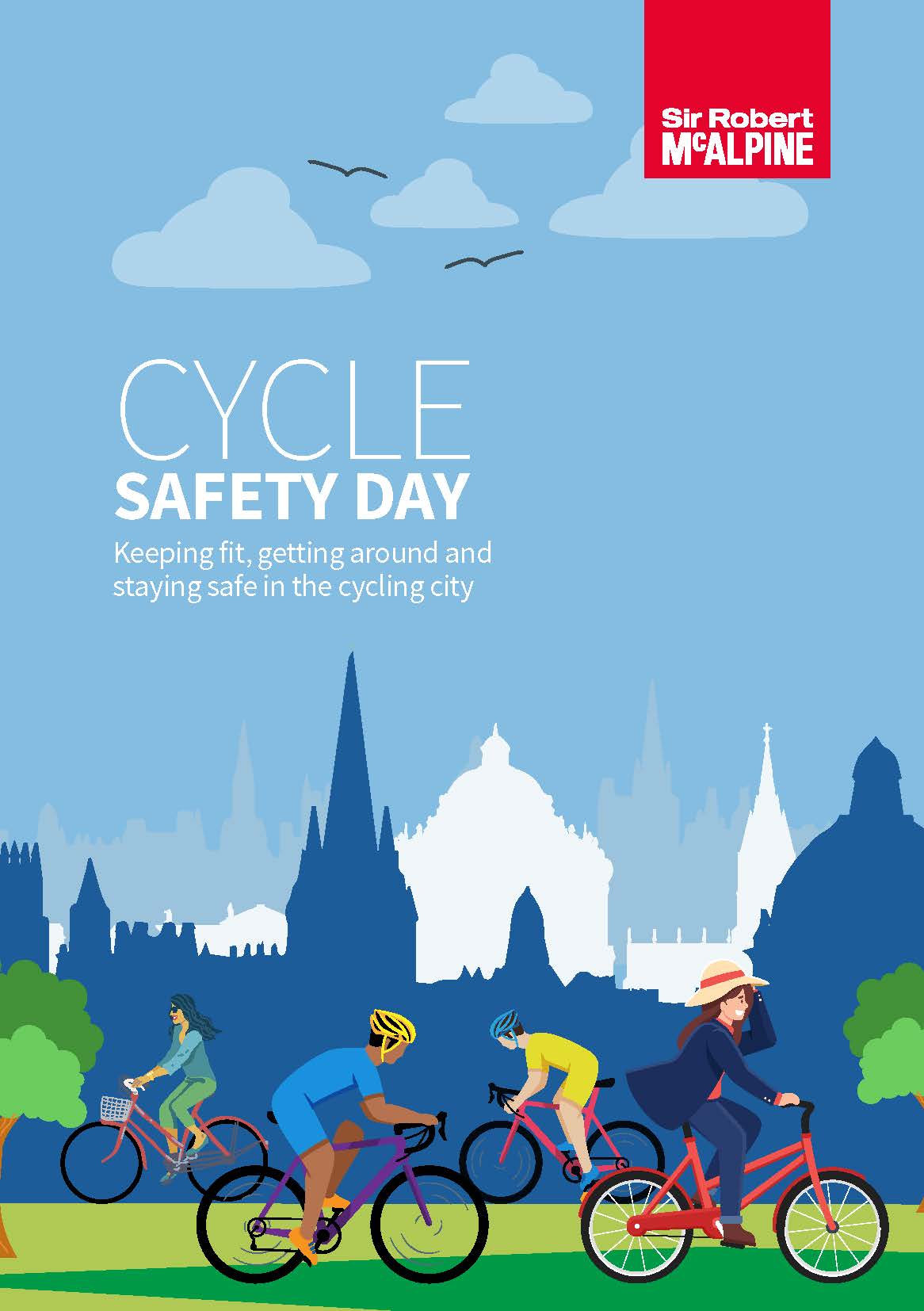 Graphic of cyclists in front of an Oxford cityscape