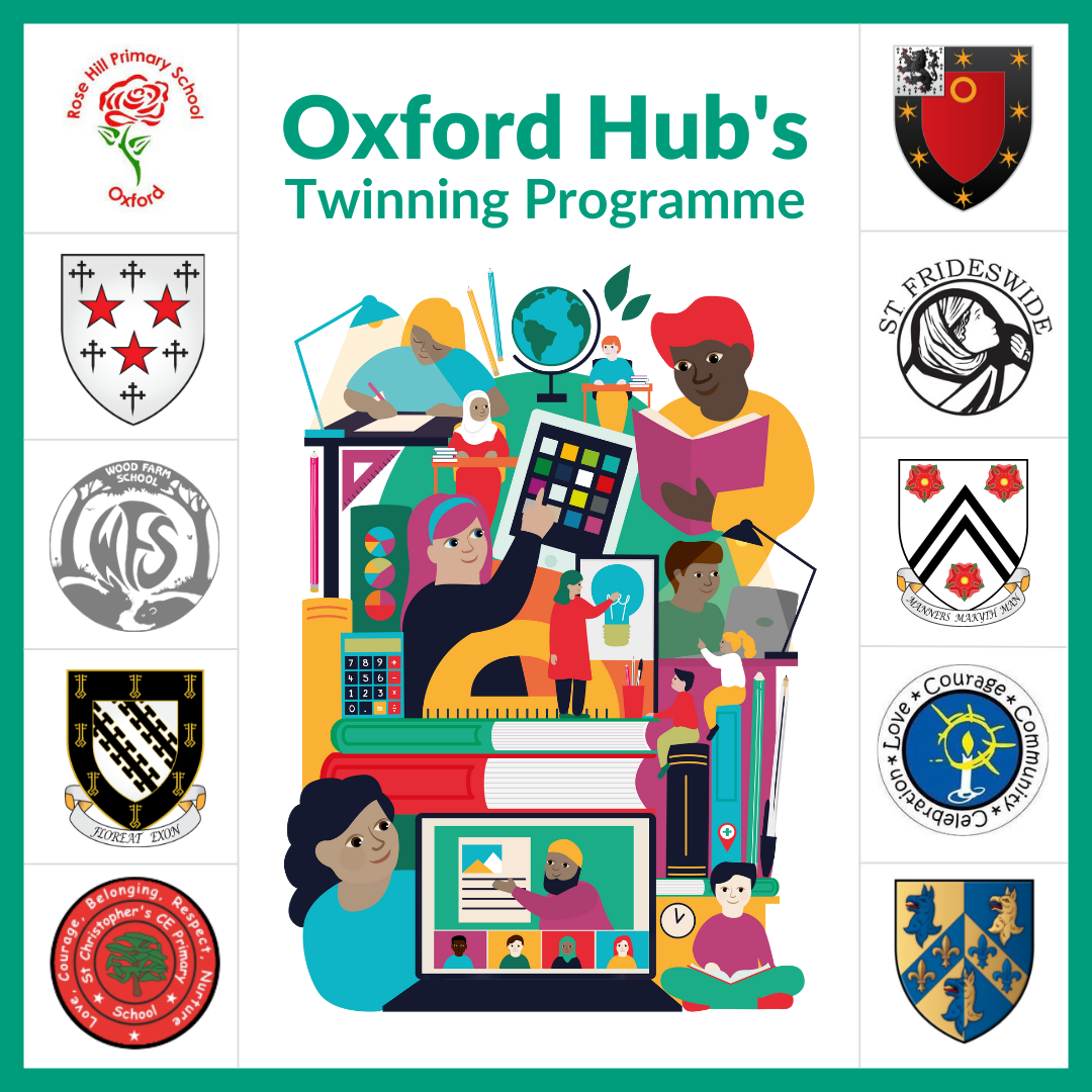 Cartoon of students, with logos of local primary schools and Oxford colleges either side