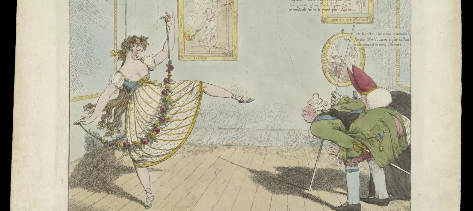 'Wow!' - Woodward, A m(eye)nute regulation of the opera step- or an episcopal examination, published by S.  W. Fores, 9 March 1798. Hand coloured engraving, 28.5x39cm. Copyright London, British Museum, 1868,0808.6707