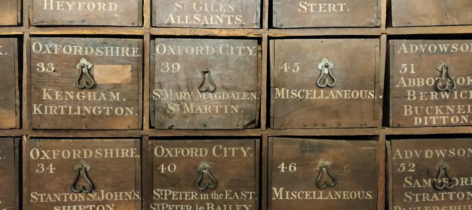 Storage boxes for archives, Muniment Tower, New College, Oxford