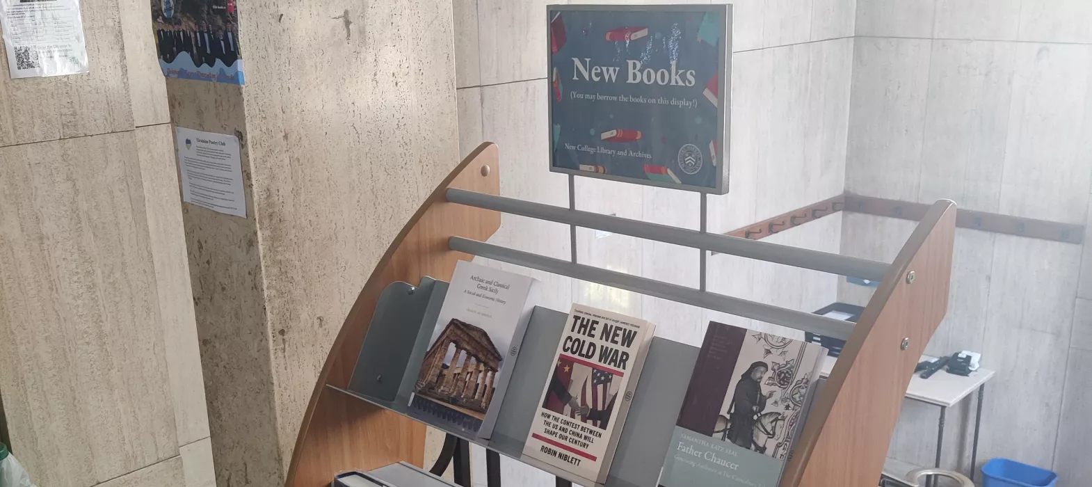 New Books display in the entrance hall of New College Library, Oxford