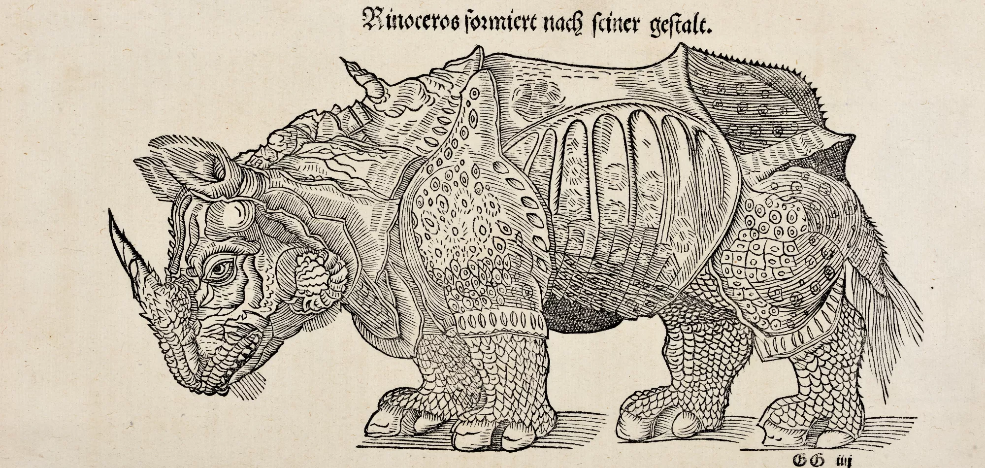 Woodcut of a rhinoceros, from Sebastian Münster, Cosmographia (1544), New College Library, Oxford, p. dcxxx