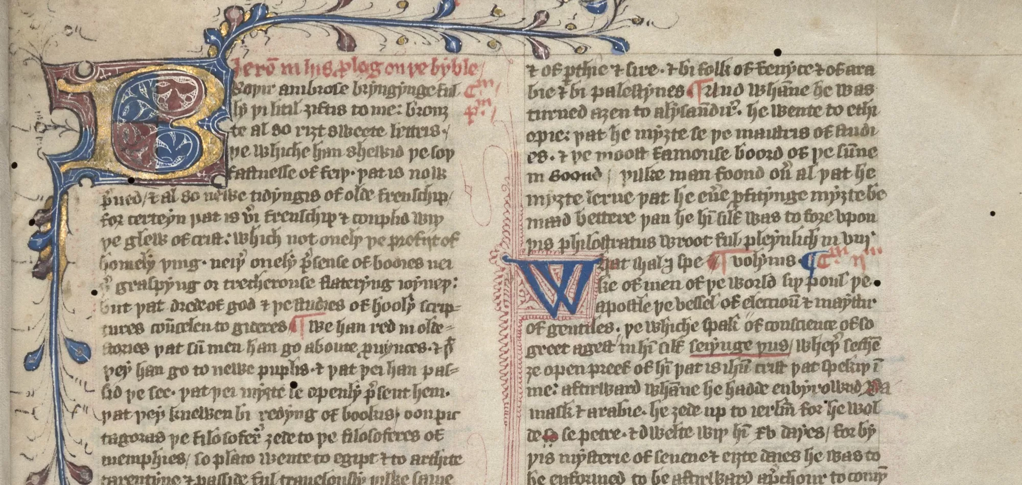 A picture of a medieval manuscripts with an enlarged, decorated initial B at the beginning of the text.