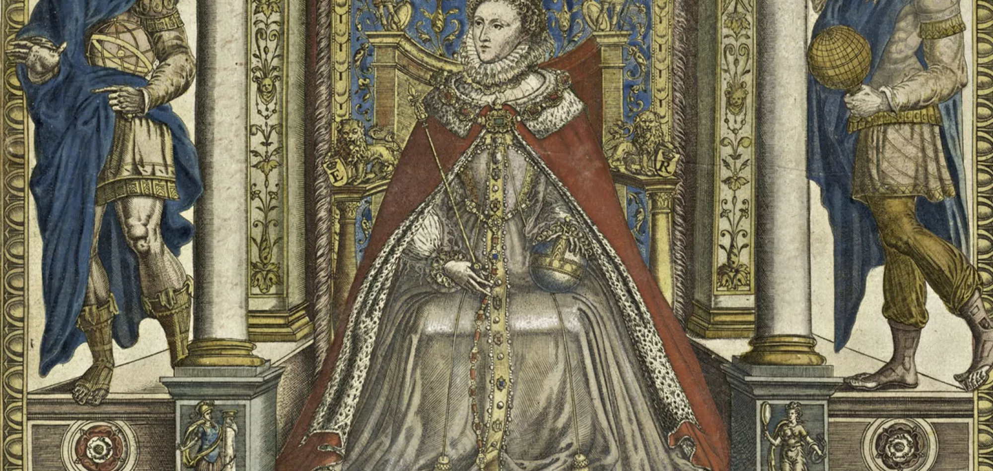 An image of Queen Elizabeth I from Christopher Saxton’s Atlas of England and Wales (BT1.47.9); it shows the queen crowned and enthroned.