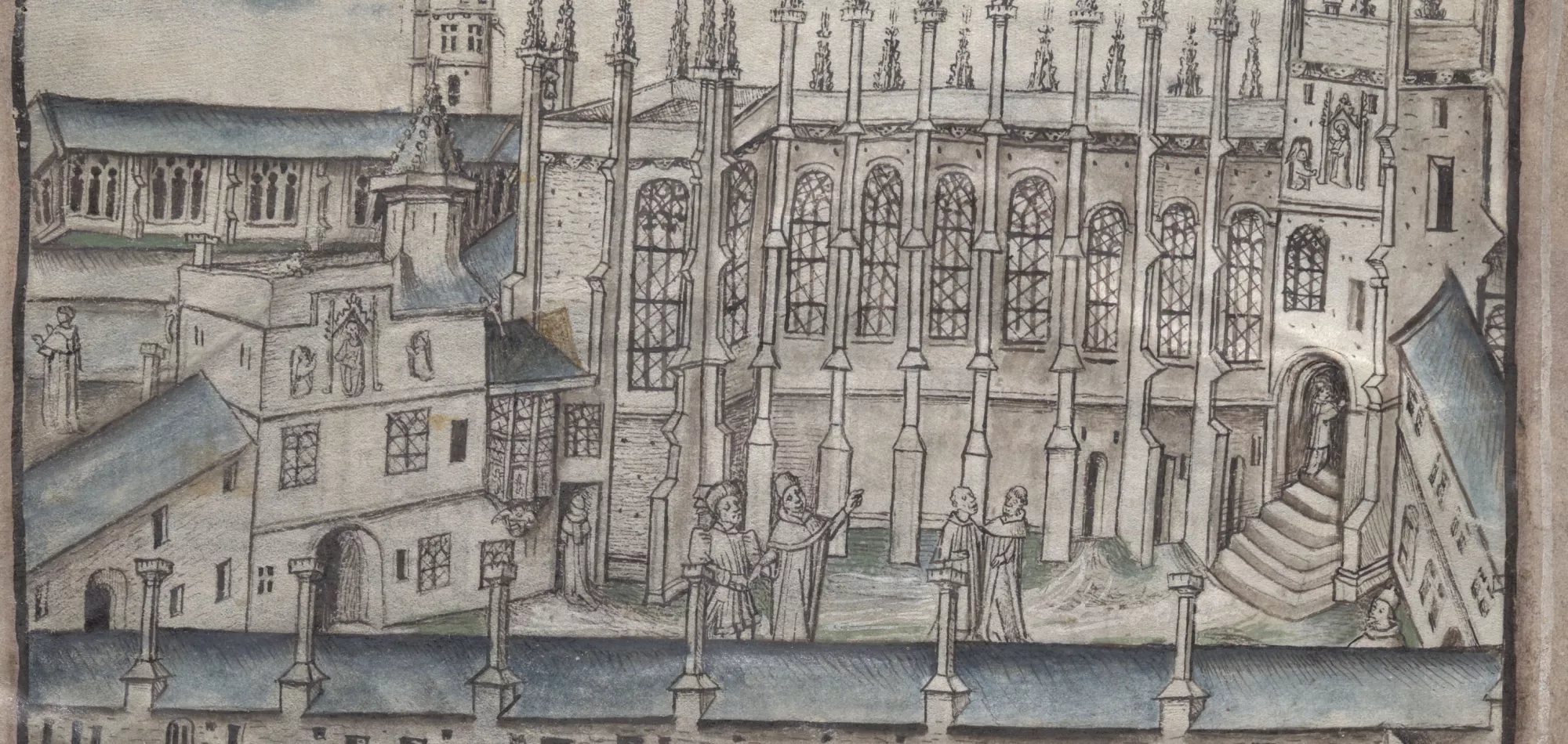 An image of the college’s front quad. This is a detail taken from New College, Oxford, MS 288, f. 3r.