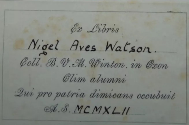 New College Library, Oxford, BT3.2.1: Ex Libris of Nigel Aves Watson