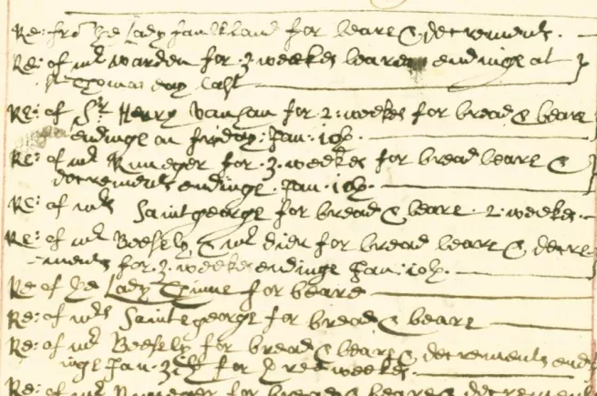 New College Archives, Oxford, NCA 4204: Part of the Long Book account for battels received in term 2 (Hilary) of 1644/5