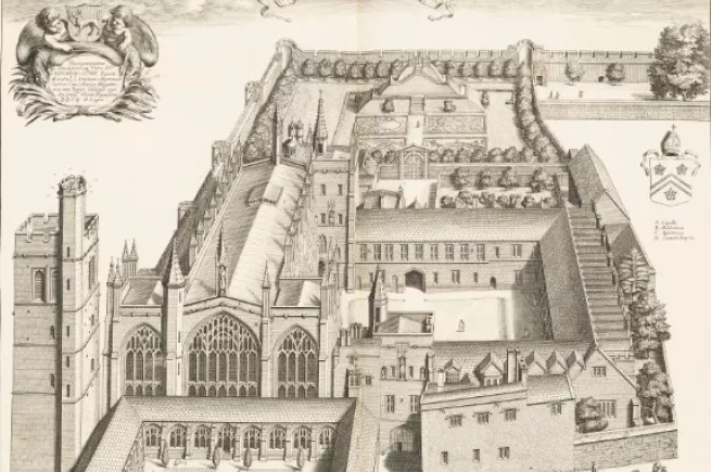 Drawing of New College from Loggan's Oxonia Illustrata, showing the original buidlings