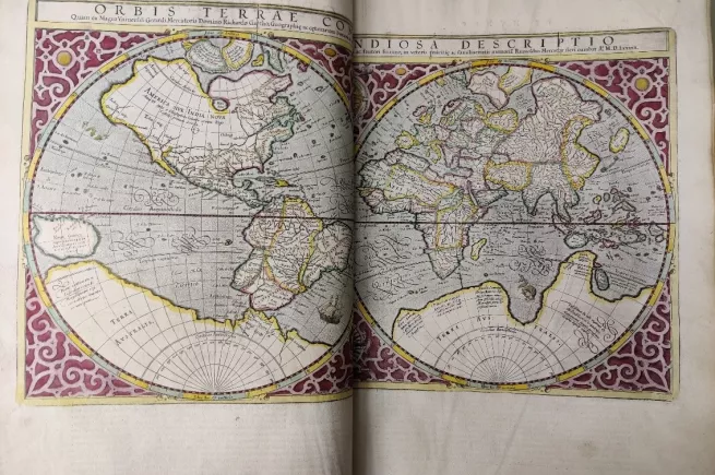 The world map in Mercator’s atlas, utilising the now famous Mercator projection—New College Library, Oxford, BT1.32.7