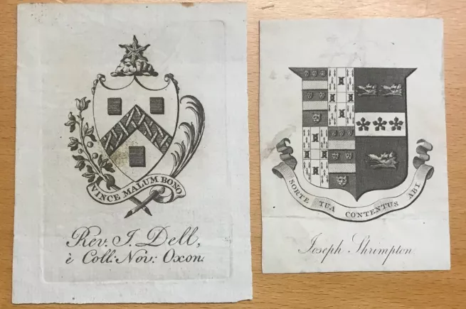 Armorial bookplates of John Dell and Joseph Shrimpton—New College Archives, Oxford, NCA 2429