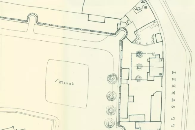 Plan of the site between Longwall Street and the city wall that became the Sacher Building [detail], NCA BUR/BCF/205