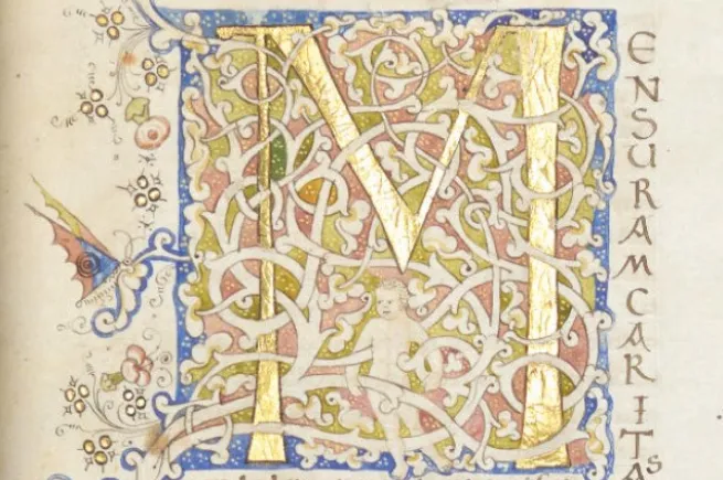 Front cover image of the New College Record 2025. Illuminated initial with white vine-stem decoration  The Letters of St Jerome (Florence, c. 1440) New College Library, Oxford, MS 384, f. 1r  Originally part of New College’s collections, the manuscript was bequeathed by college fellow Andrew Holes (d. 1470). It vanished centuries ago, but, thanks to the generosity of book history scholar and New College Honorary Fellow Nicolas Barker, OBE, FBA, it was returned to New College Library in January 2025. 