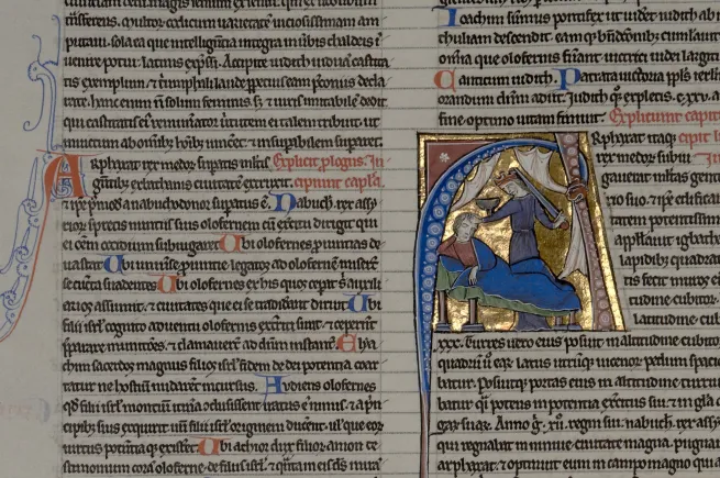 New College Library, Oxford, MS 7, f. 124v [detail] - initial A, showing Judith beheading Holofernes