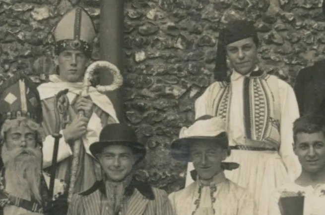 Photograph of Winchester College Scholars in fancy dress (1920)