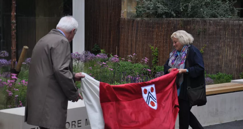 Lord Patten and Dame Vivien Duffield unveil the name stone