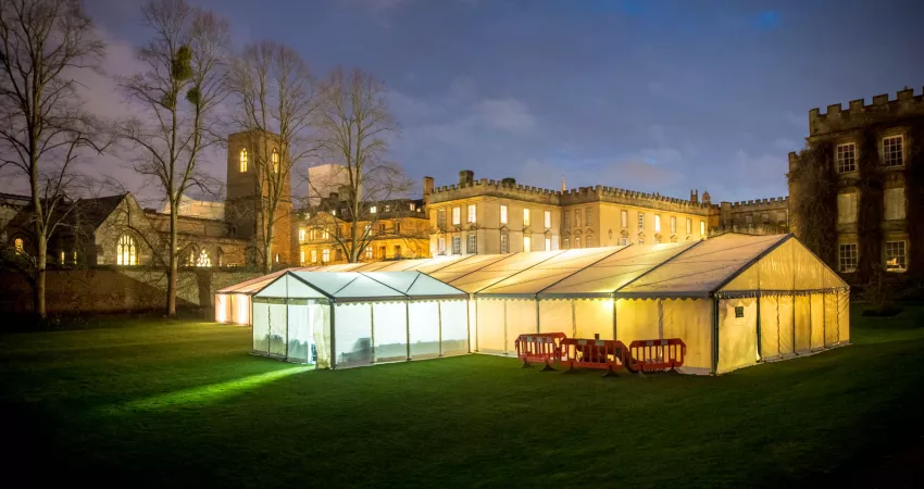 The marquee lit up in the New College gardens