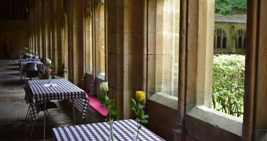 Picnic tables in the Cloisters
