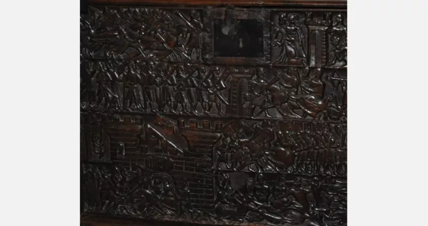 A section of the Courtrai Chest, with carvings of the Battle of Golden Spurs