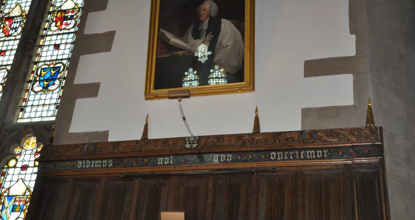 Dining Hall, with wooden 'teeth' on top of oak panelling