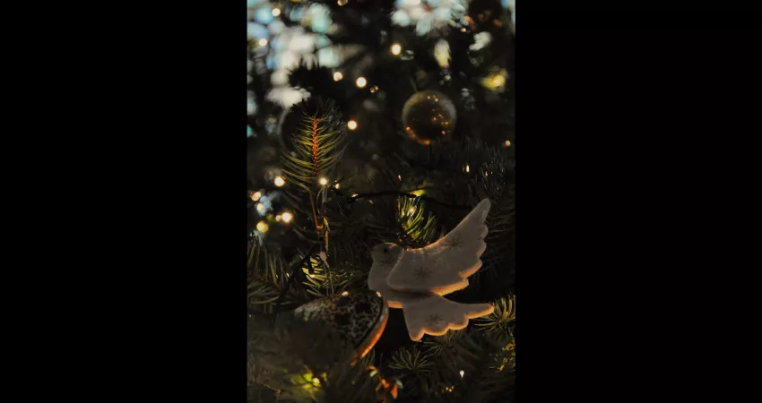 A felt bird and baubles hanging from a Christmas tree