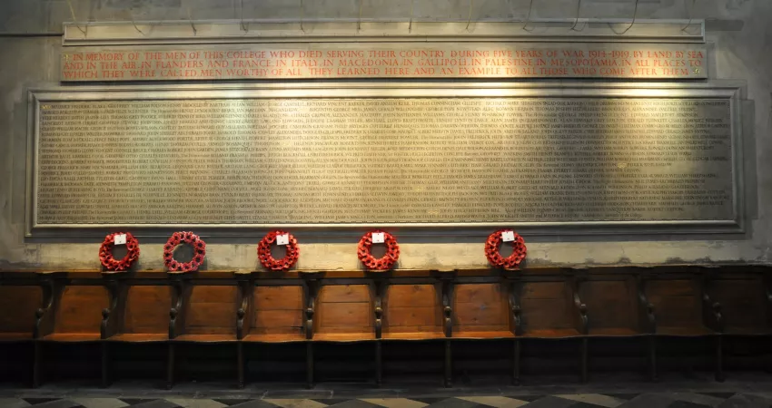 Memorial with wreaths laid underneath