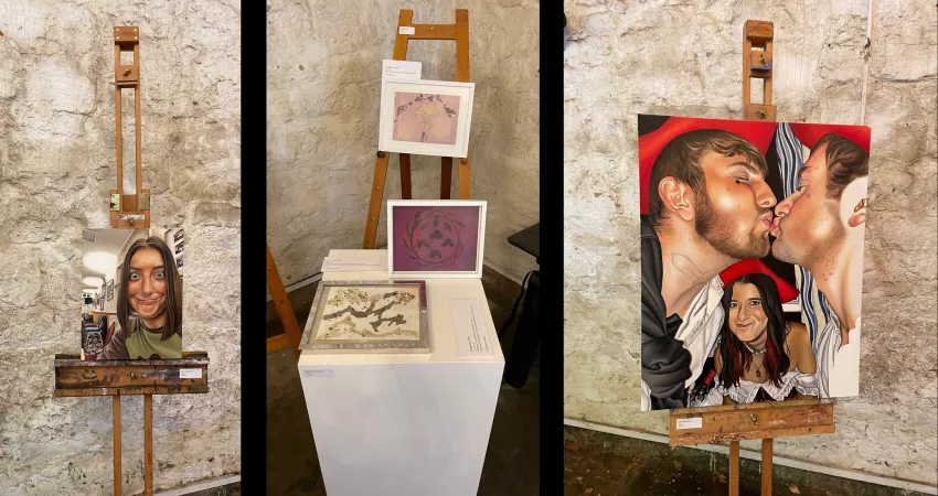 Compilation of student art, including two portraits