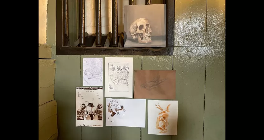 Collection of images: skull; woman sleeping; people on train