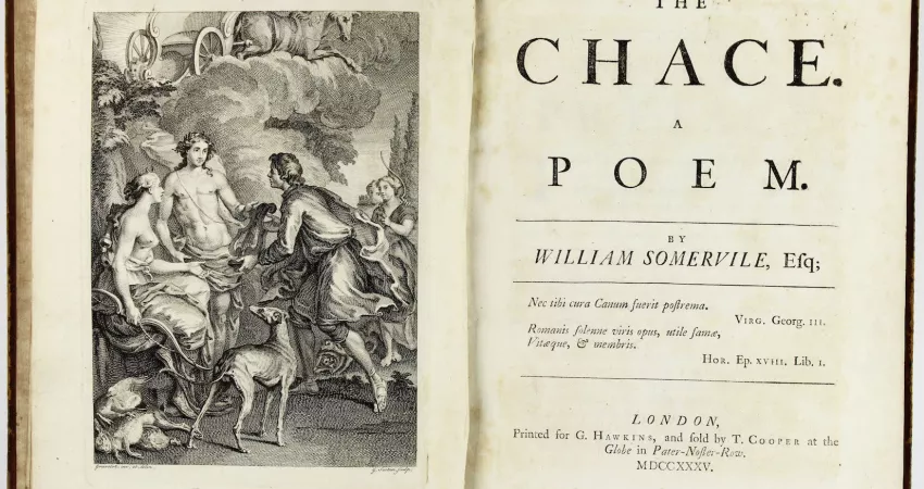 Title page and frontispiece illustration of the first edition of The Chace (1735)