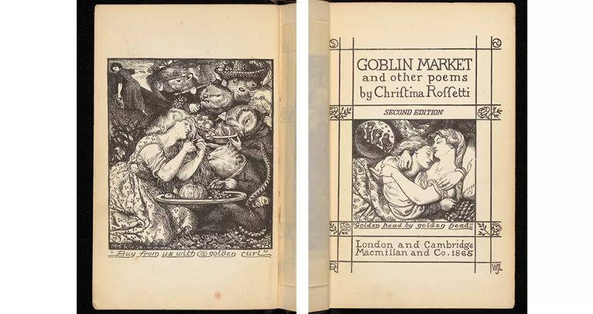 The frontispiece and title-page of the second edition of Goblin Market, dating from 1865  New College Library, Oxford, RS5310