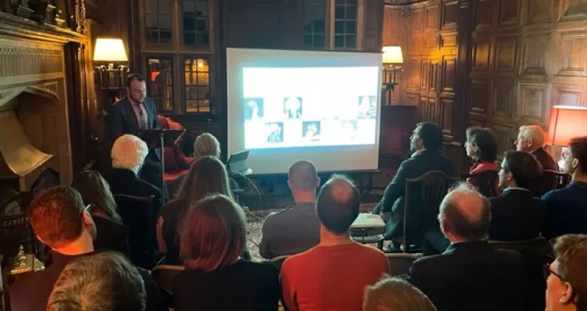 Ben Gilding gives his lecture in the Warden's lodgings