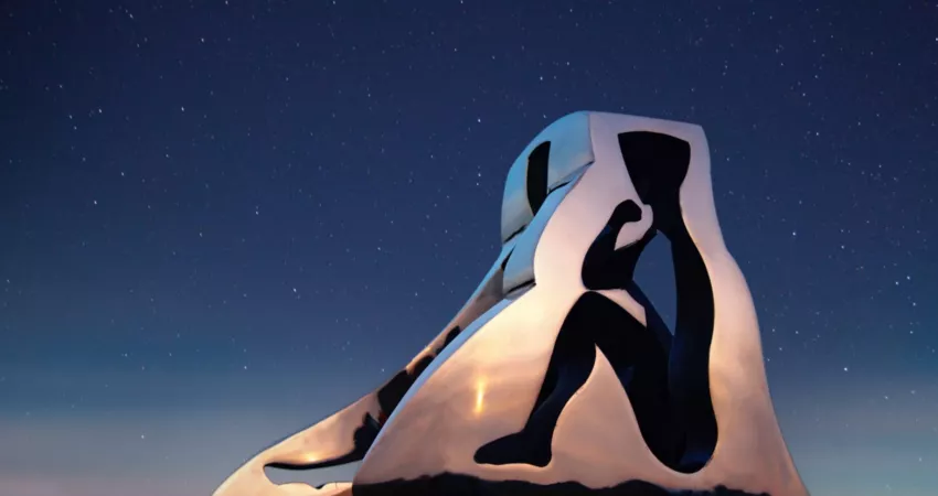 A sculpture by Johannes von Stumm set against the night sky. The sculpture is an image of a seated man.