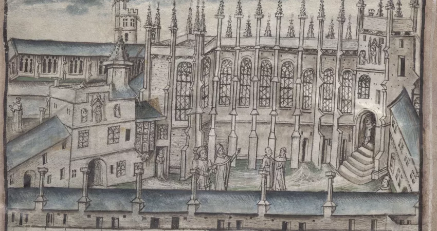 Detail of New College, Oxford, MS 288, f. 3r, showing the drawing of the college’s front quad.