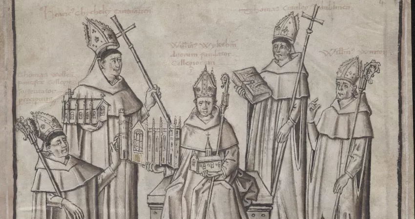 Detail of New College, Oxford, MS 288, f. 4r. This image shows William of Wykeham, the founder of New College, surrounded by four of its most famous benefactors and alumni. Image drawn in pen and ink.