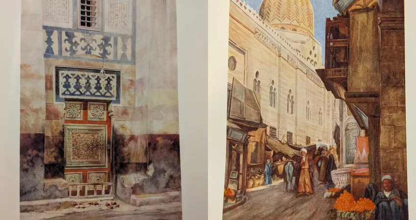 Left: Door of a mosque in Cairo. Right: The Dome of El Moaiyad from Bab Zuweyleh, Damascus.