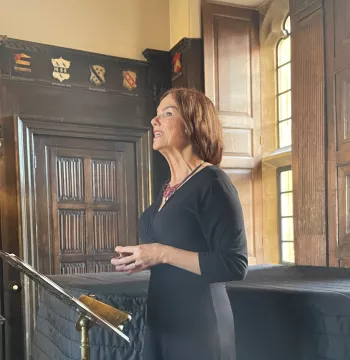 Dr Jeanne Morefield introducing her new book in the Lodgings