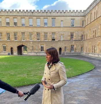 Rachel Reeves MP giving an interview in Front Quad